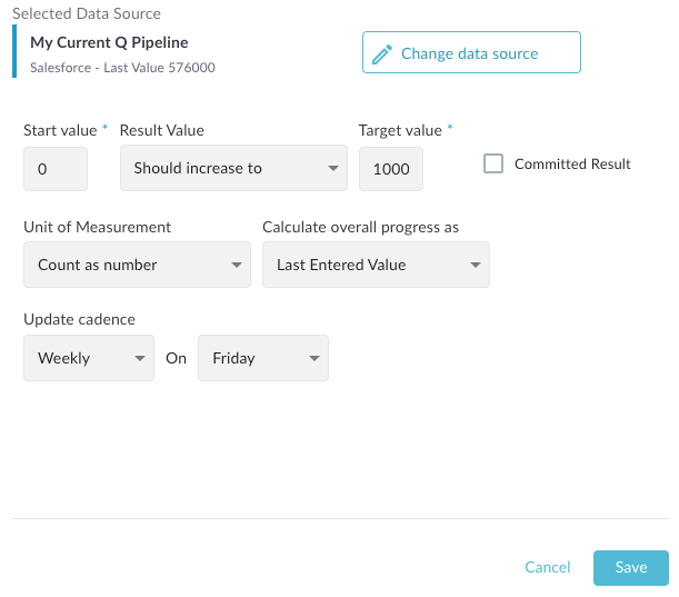 Image of Key Result detail options like starting value, result value, target value, etc.